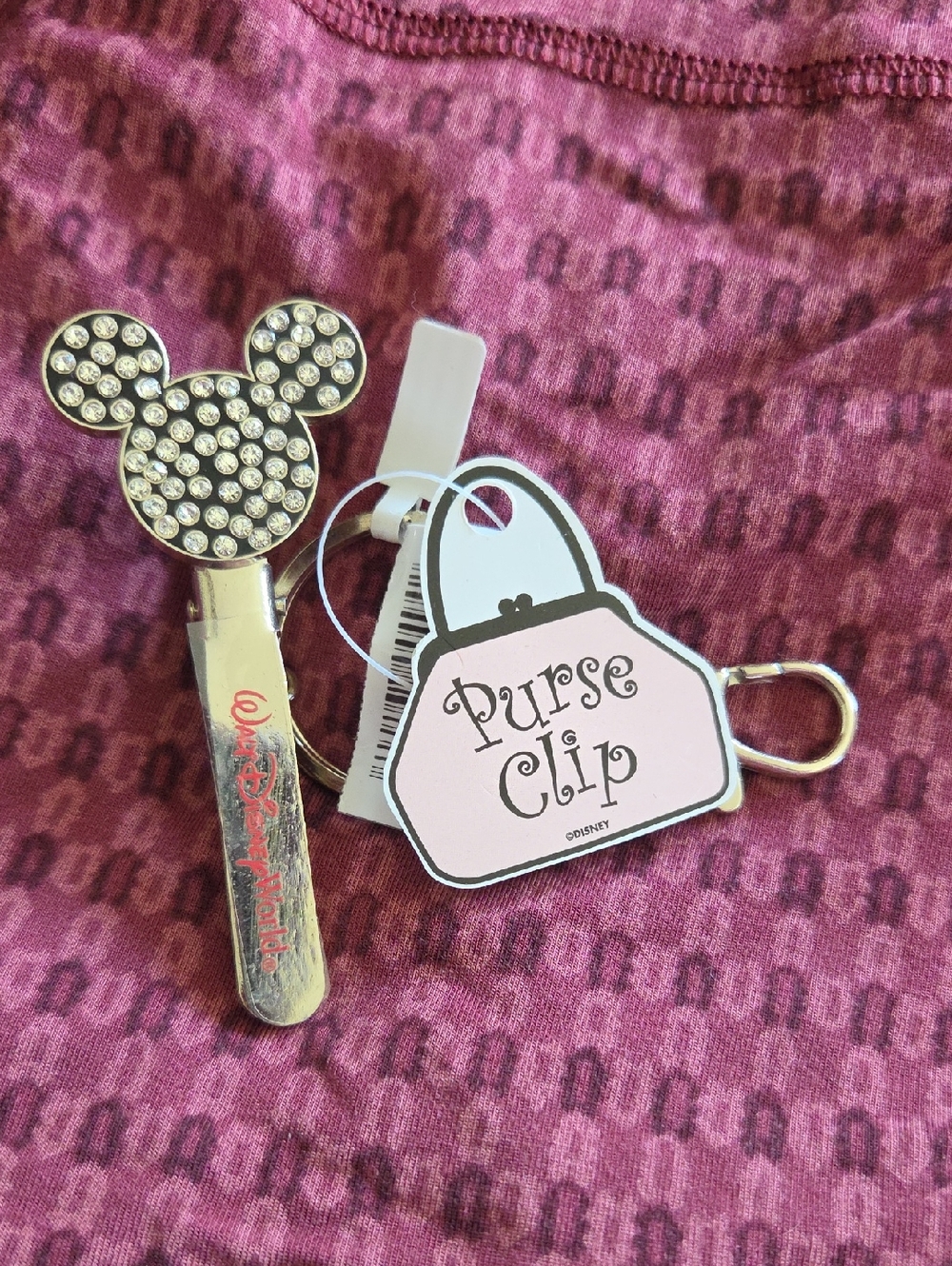 Disney Silver Rhinestone Mickey Purse Clip with Pink Purse Tag